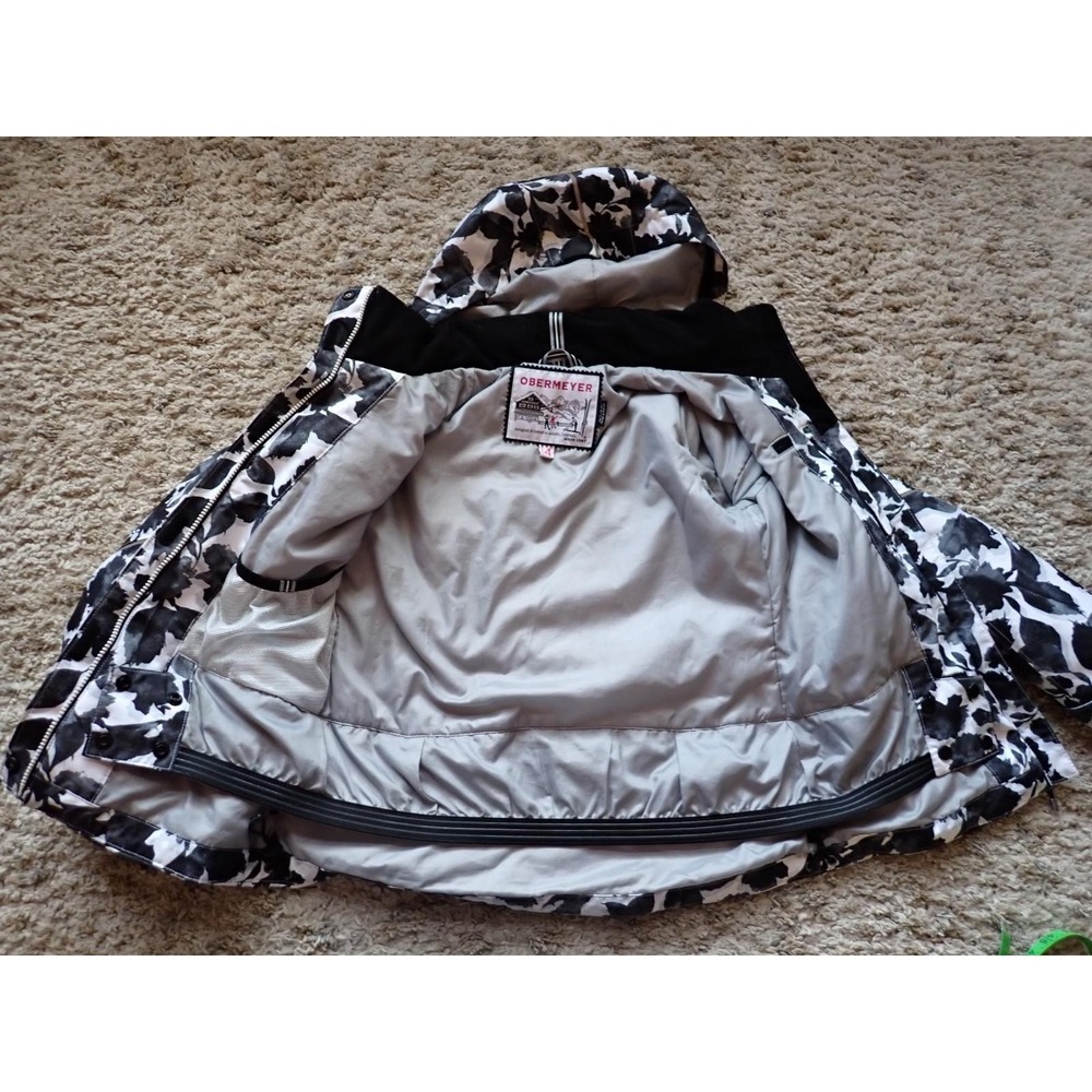 Obermeyer Ski Jacket Women Size 4 Black White Excellent Floral Hooded Winter - Picture 9 of 14